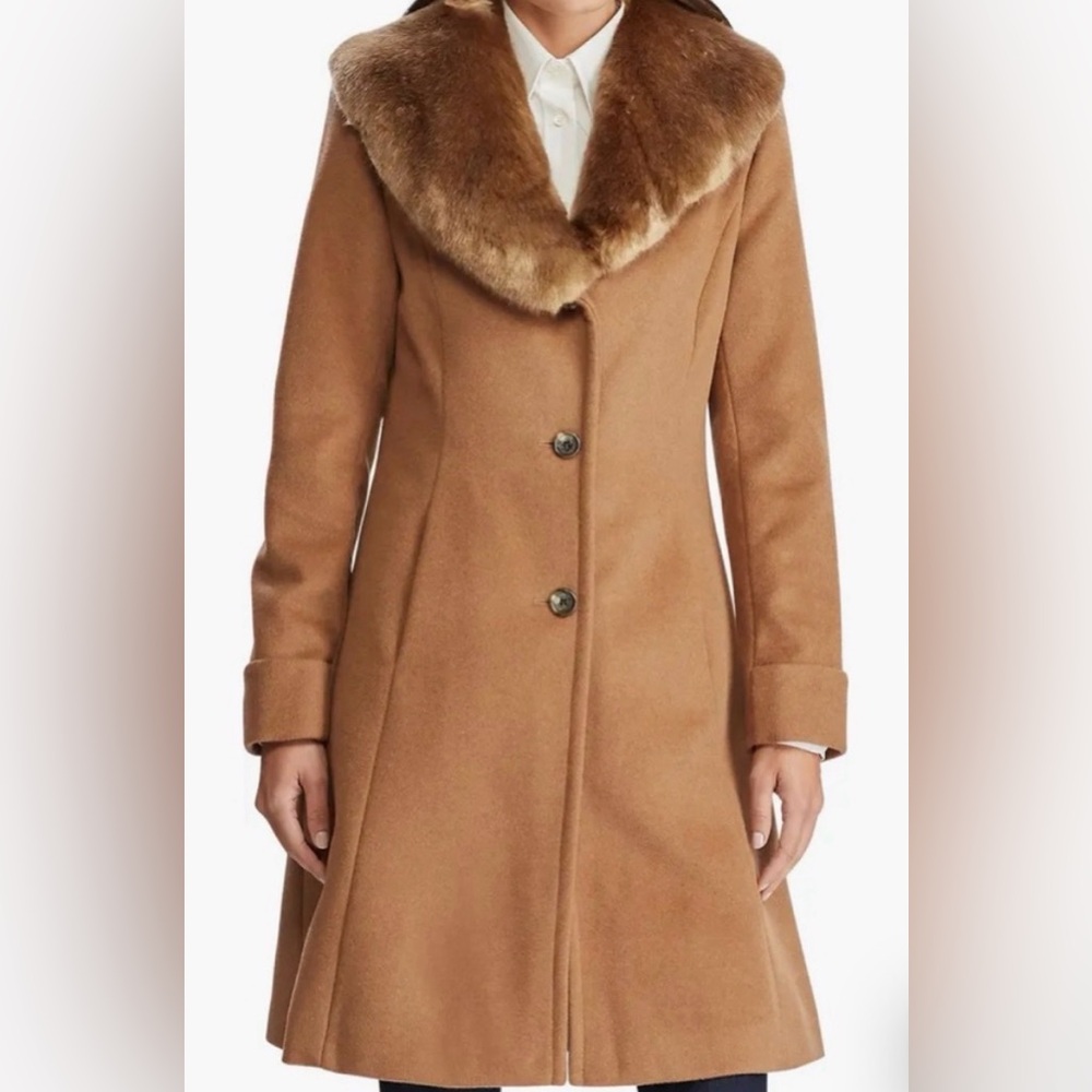 NEW Ralph Lauren Brown Wool Coat w/ Faux Fur Collar Sz 14 New with Tags Attached